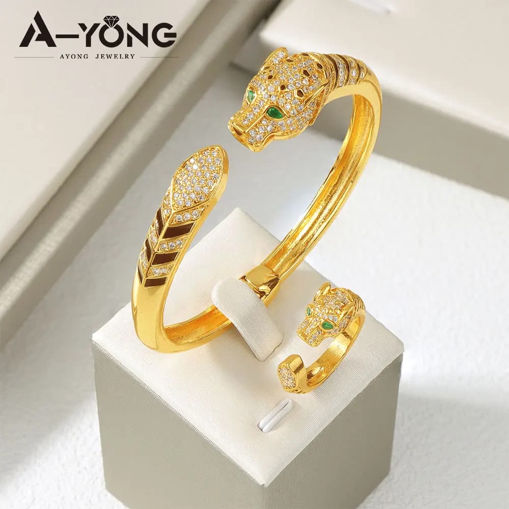 Set di Gioielli Hip Hop Leopardati alla Moda Italiana, Placcati in Oro 24k, con Zirconia Araba, Bracciali e Anelli Punk a Forma di Pantera, Gioielli per Eventi Femminili Oman