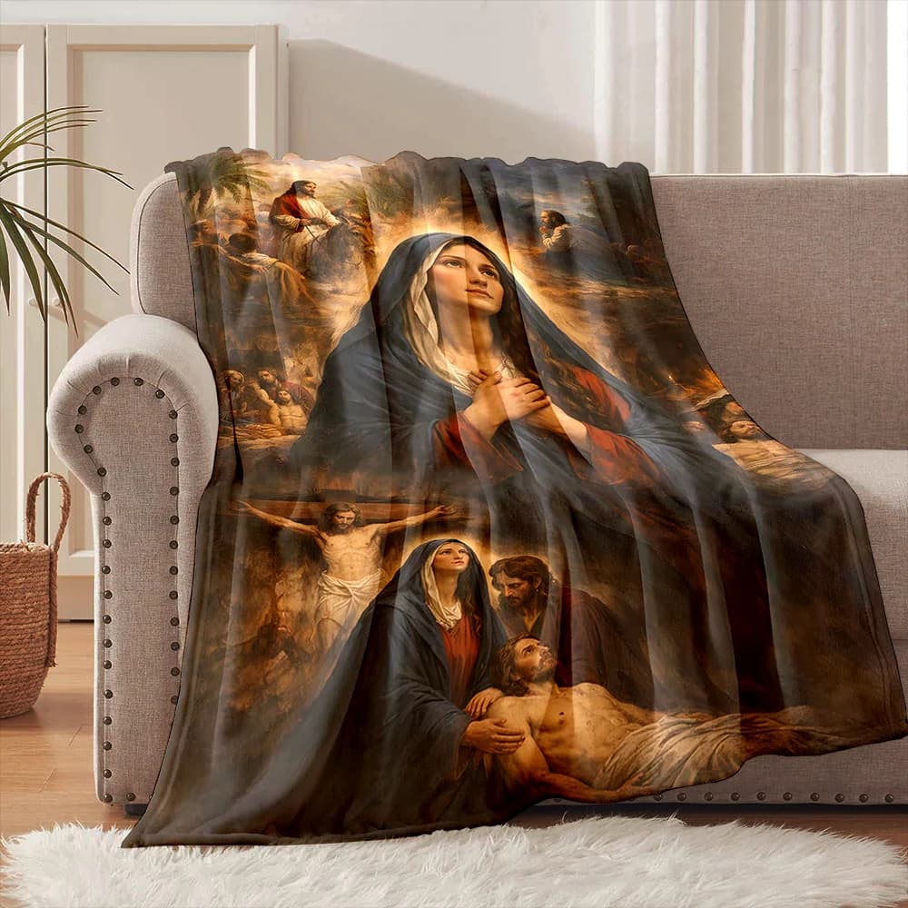 Coperta in flanella con scene bibliche e figure religiose, stampa a tema fede, morbida e calda, adatta per casa, viaggi, picnic, campeggio, camper