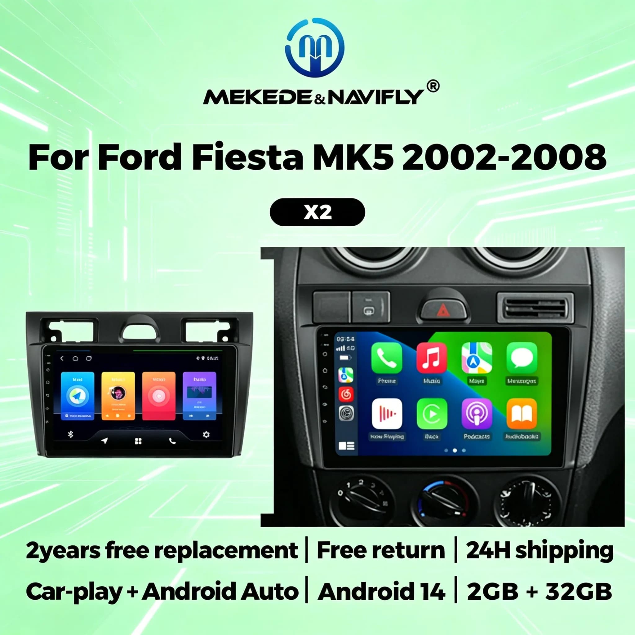Autoradio 2Din Car Play Android per Ford Fiesta Mk VI 5 Mk5 2002-2008, stereo multimediale con lettore video, GPS, navigazione, WIFI e Bluetooth.