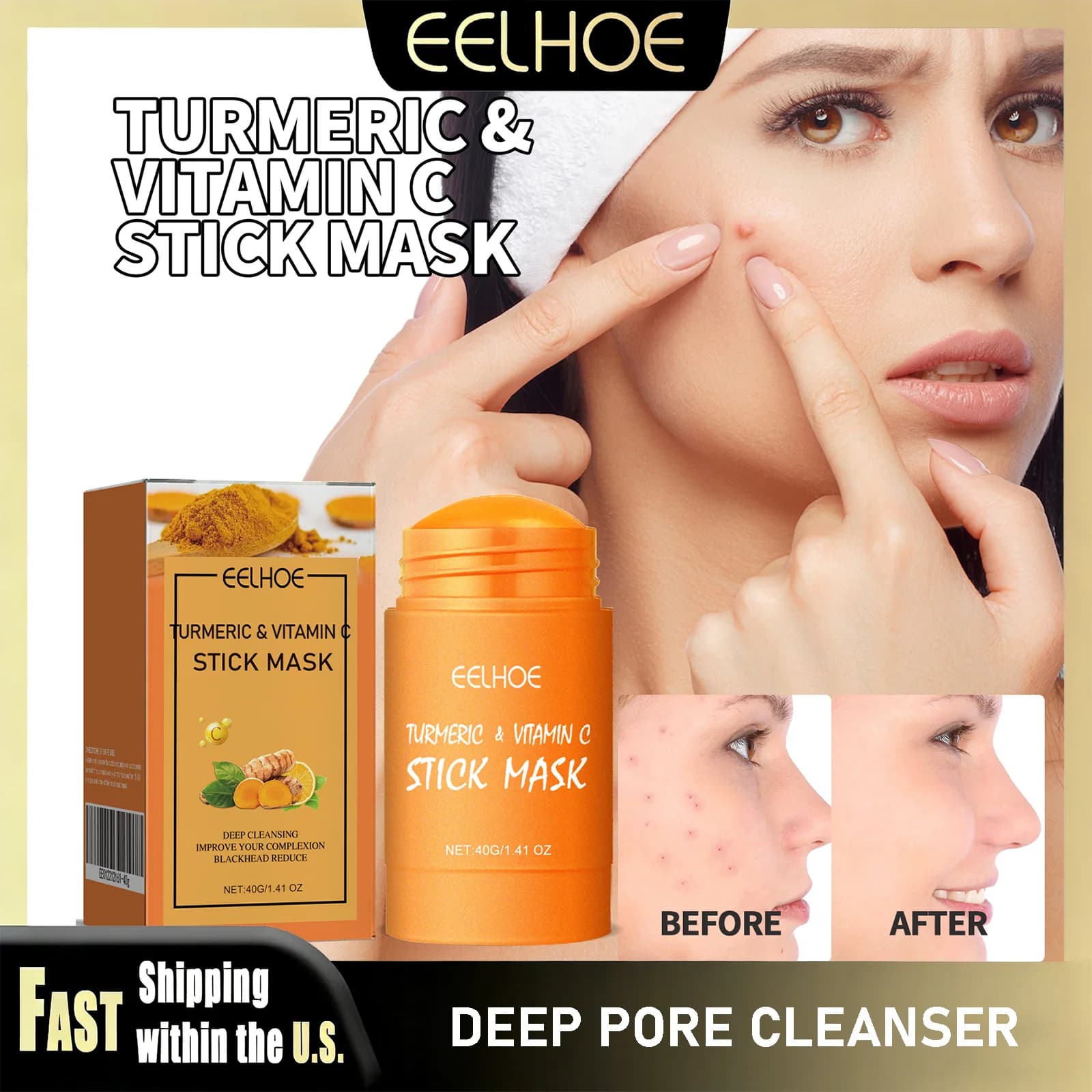 Face Clean Mask Turmeric Cleansing Stick Shrink Pores Deep Cleaning Blackhead Remover Facial Moisturizing Oil Control Clay Mask