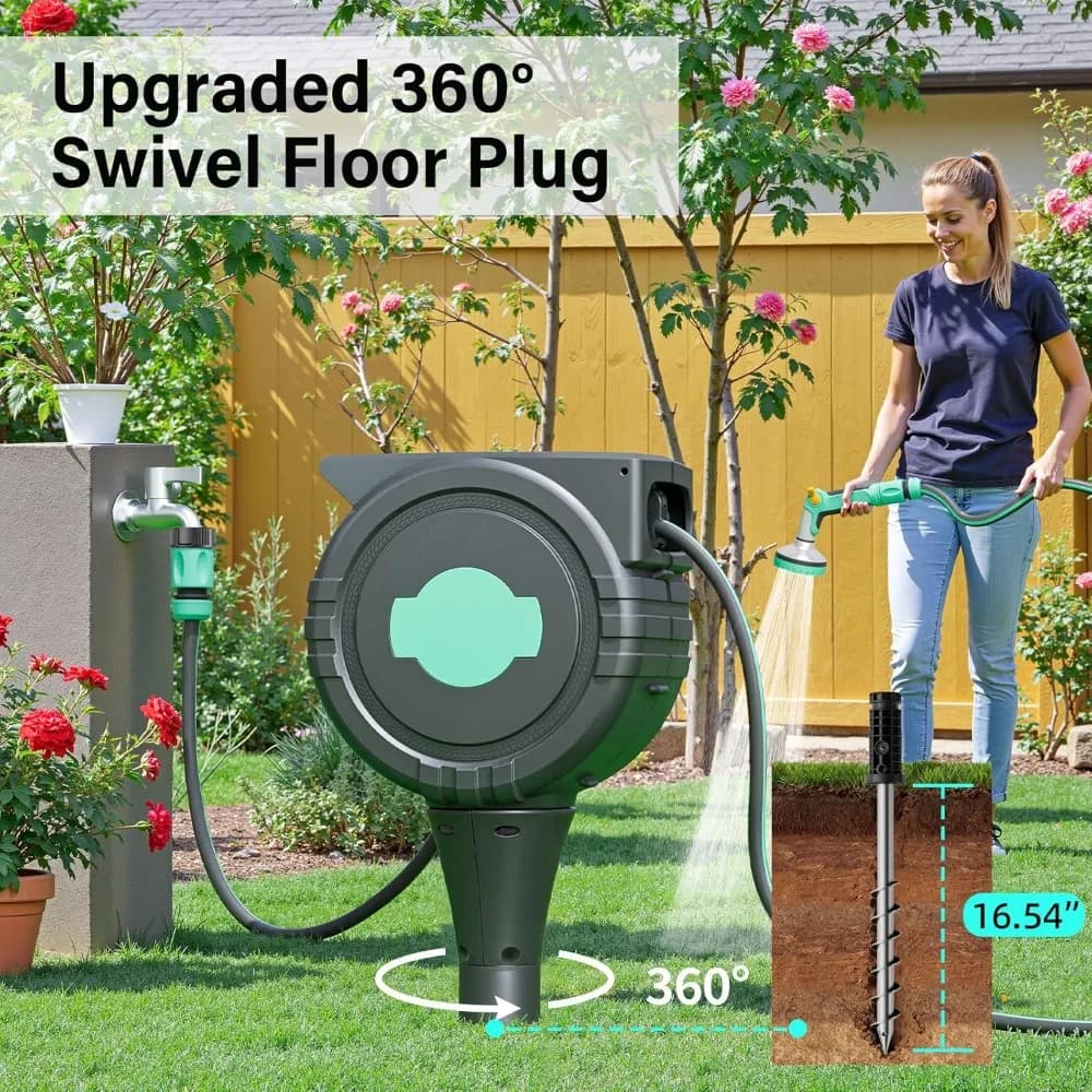 US Shipping Automatic Retractable Garden Hose Reel 1/2 Inch x 82 ft Wall Mount with 180 Swivel & Ground Spike 360 Swivel 4