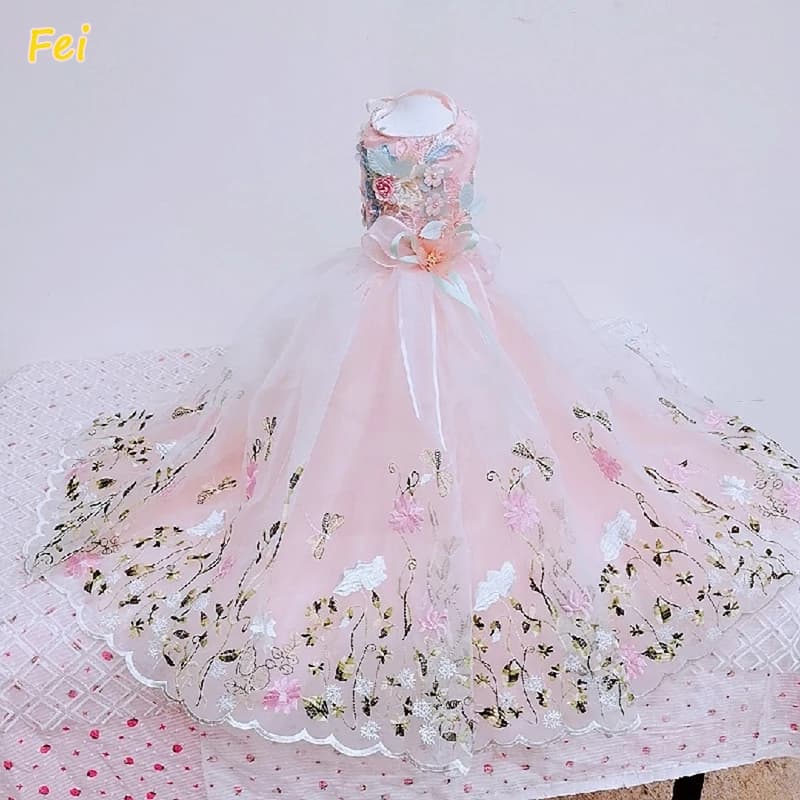 Pet Dog Clothes Handmade Green Peacock Trailing Lace Dog Dress for Princess Wedding Luxury Long Skirt for Dogs Photography Style
