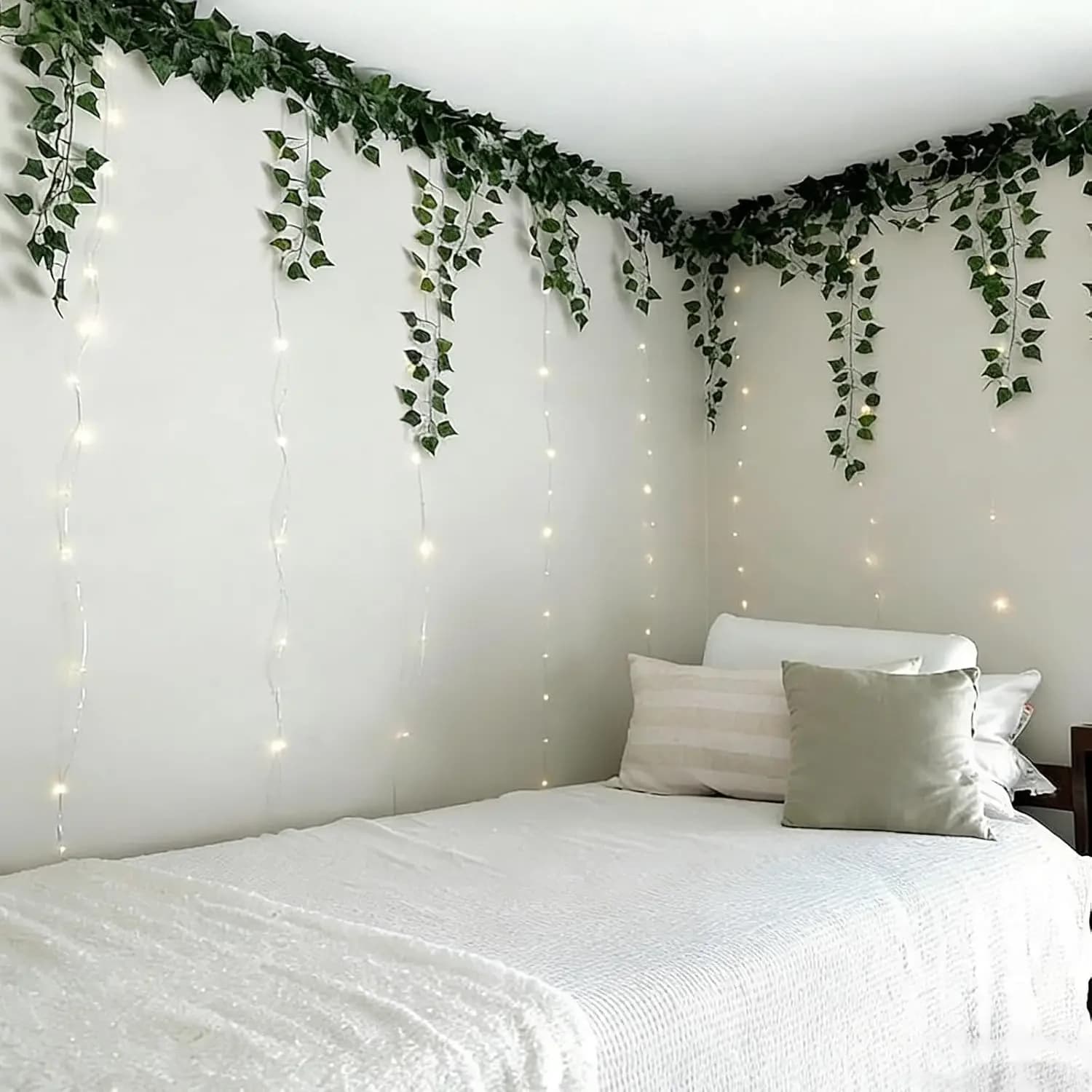 12 Pcs Vines Lights for Dorm with 7.5 ft Artificial Ivy Vines 9.8 x 9.8 ft Fairy Lights and 40 Clear Wall Hooks for Dorm Wall Curtain College Back to School Decoration (Green,Pothos Leaves)