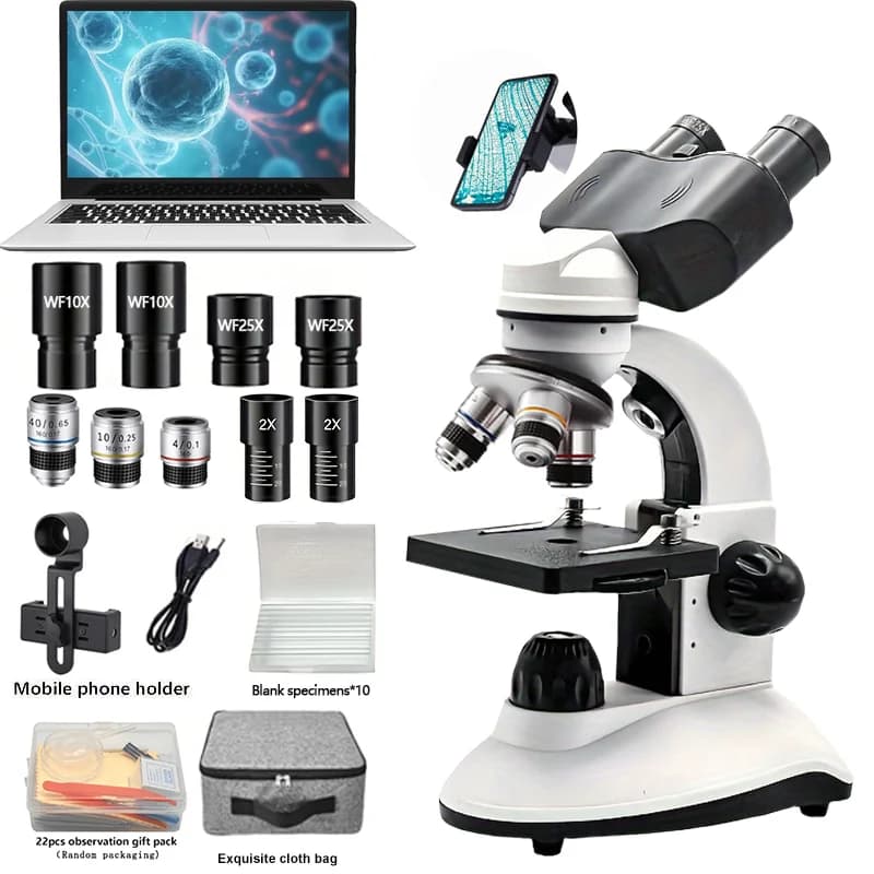 Microscopio binoculare biologico, microscopio portatile per adulti con doppia sorgente luminosa, microscopio binoculare per esperimenti principianti