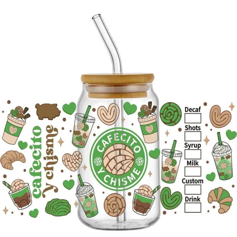 Cafecito Y Chisme UV DTF Cup Wraps Transfer Stickers for 16 oz Glass, Waterproof Coffee Series Decals with UV DTF Cup Wrap