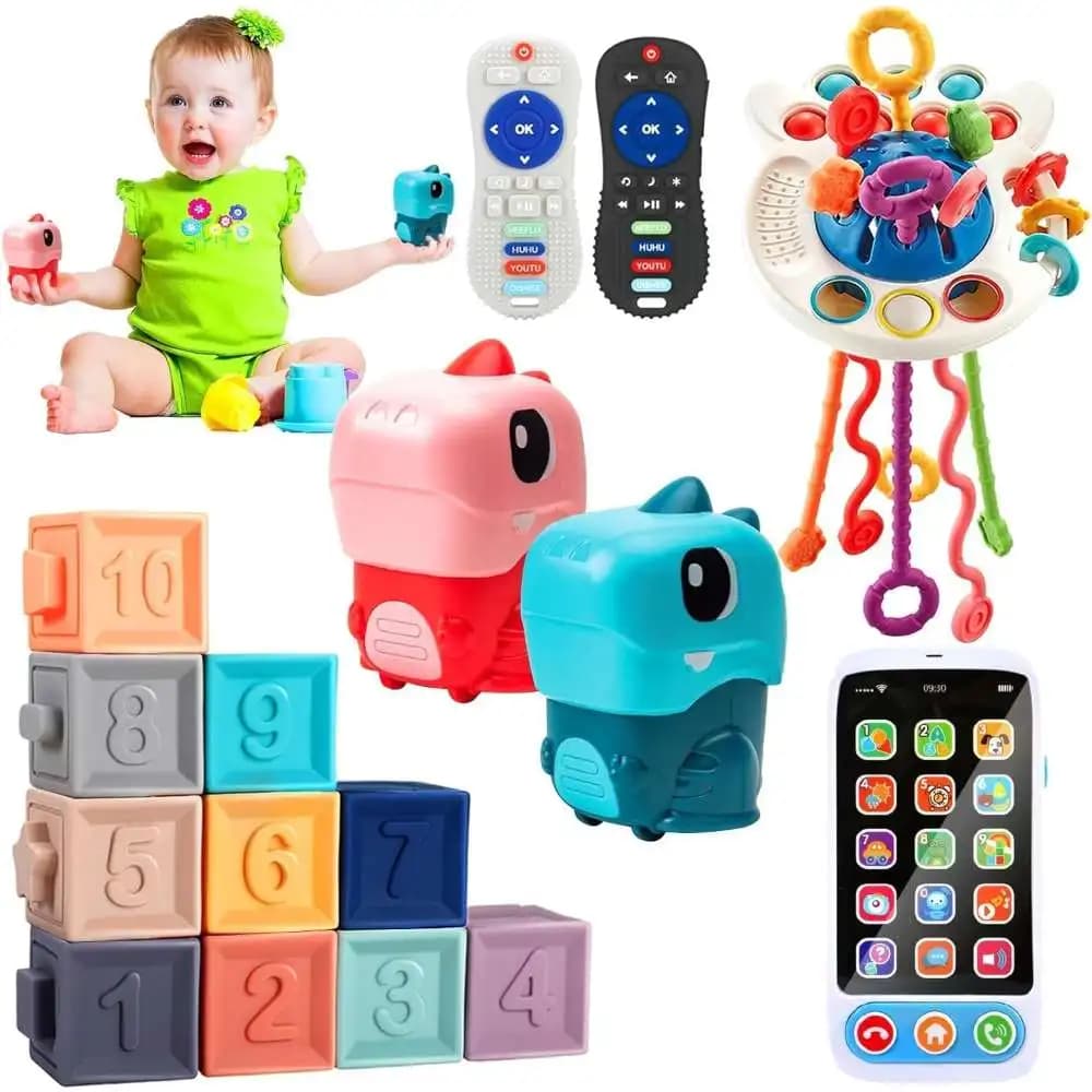 Giocattoli per bambini Montessori per 6-36 mesi-massaggiagengive a corda, telefono cellulare analogico, telecomando di simulazione di forme sensoriali