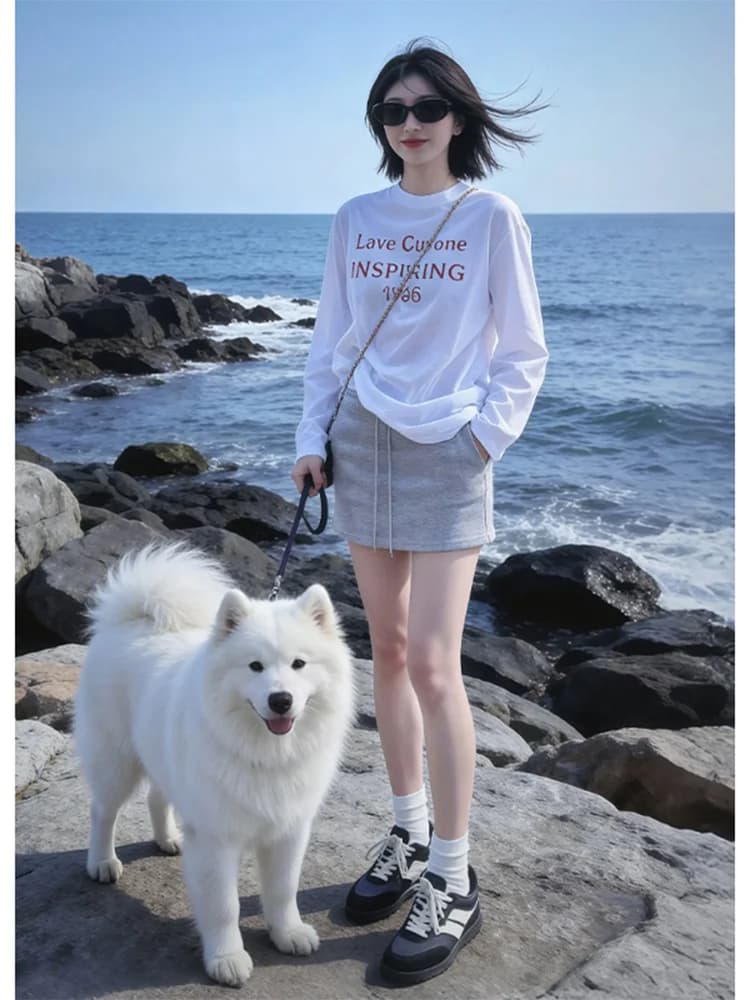 Summer Casual Breathable Thin Long Sleeve Women's Set High Waist Short Skirt T-Shirt Two-Piece Suit Comfortable Print Pattern