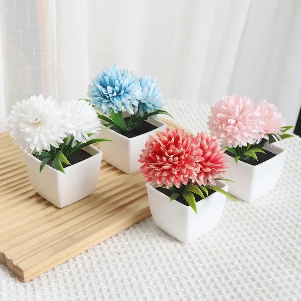 Fiori Artificiali a Cascata con Foglie Verdi, Crisantemi Finti in Vaso, Mini Piante Artificiali per Casa, Ufficio, Fattoria, Tavolo