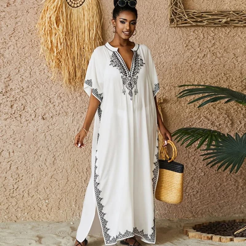 Abito da donna vintage ampio in cotone copricostume da spiaggia abito ricamato vacanza protezione solare bikini copricostume abiti sexy per le donne