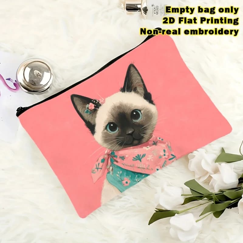 Sciarpa per gatti siamesi con decorazione floreale, borsa per il trucco - Pochette multifunzionale con cerniera per donna, perfetta borsa da viaggio con cerniera, divertente regalo di compleanno