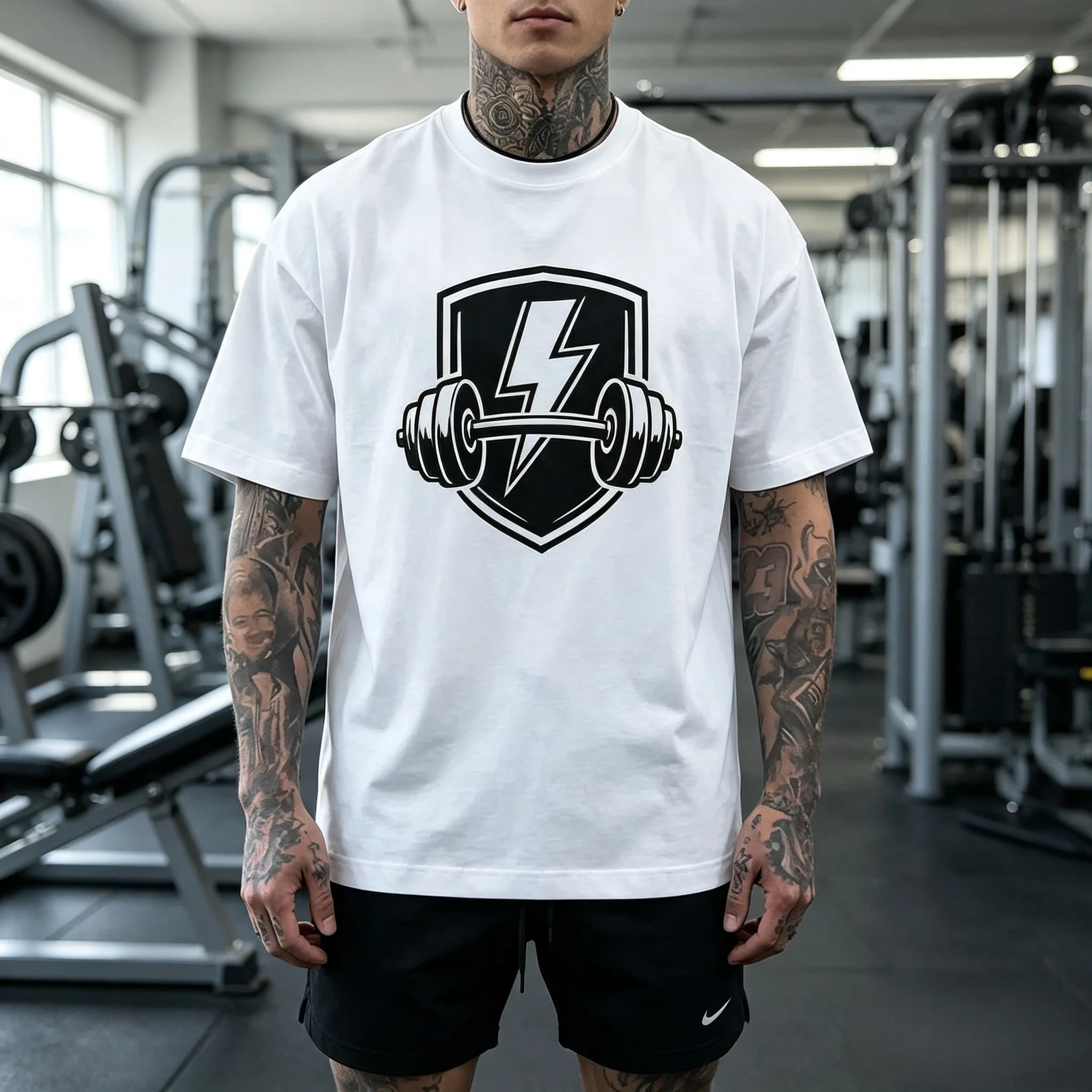 Men Women Unisex Fitness Gym T‑Shirt Dumbbell Lightning Shield Graphic Print Workout Short Sleeve Casual Street Cotton Tee Tops
