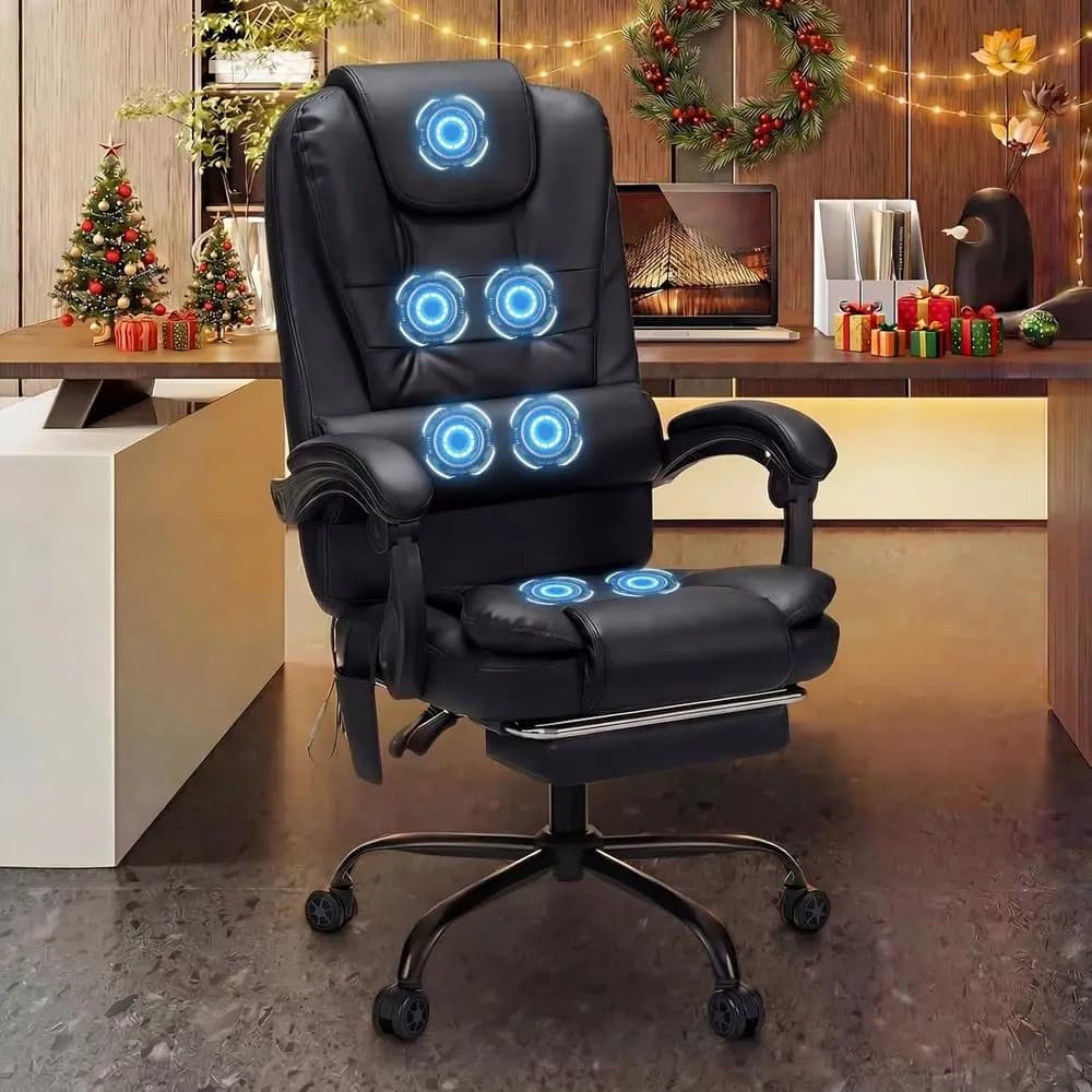 Sedia da ufficio per massaggi con poggiapiedi Sedia da scrivania direzionale ergonomica con vibrazione a 7 punti Sedia da ufficio per computer in pelle nera