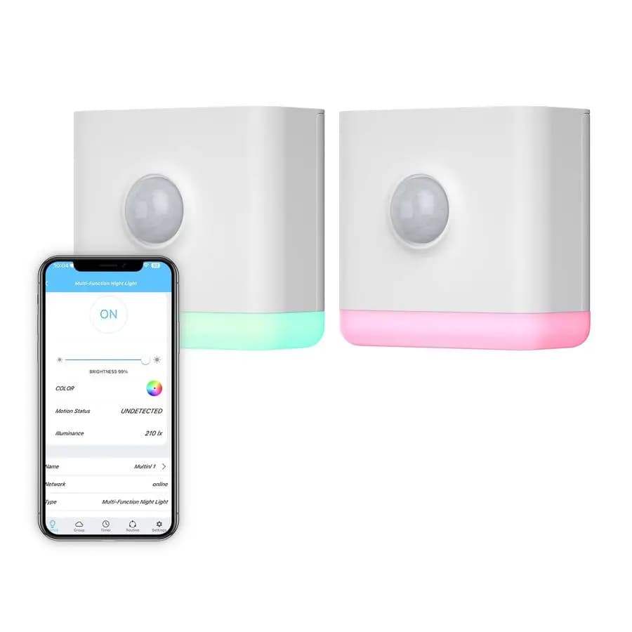 Luce Notturna Multifunzione 2 Pezzi, Ripetitore Zigbee, 3 in 1 con Sensore di Movimento, Sensore di Illuminazione e Luce Notturna RGB