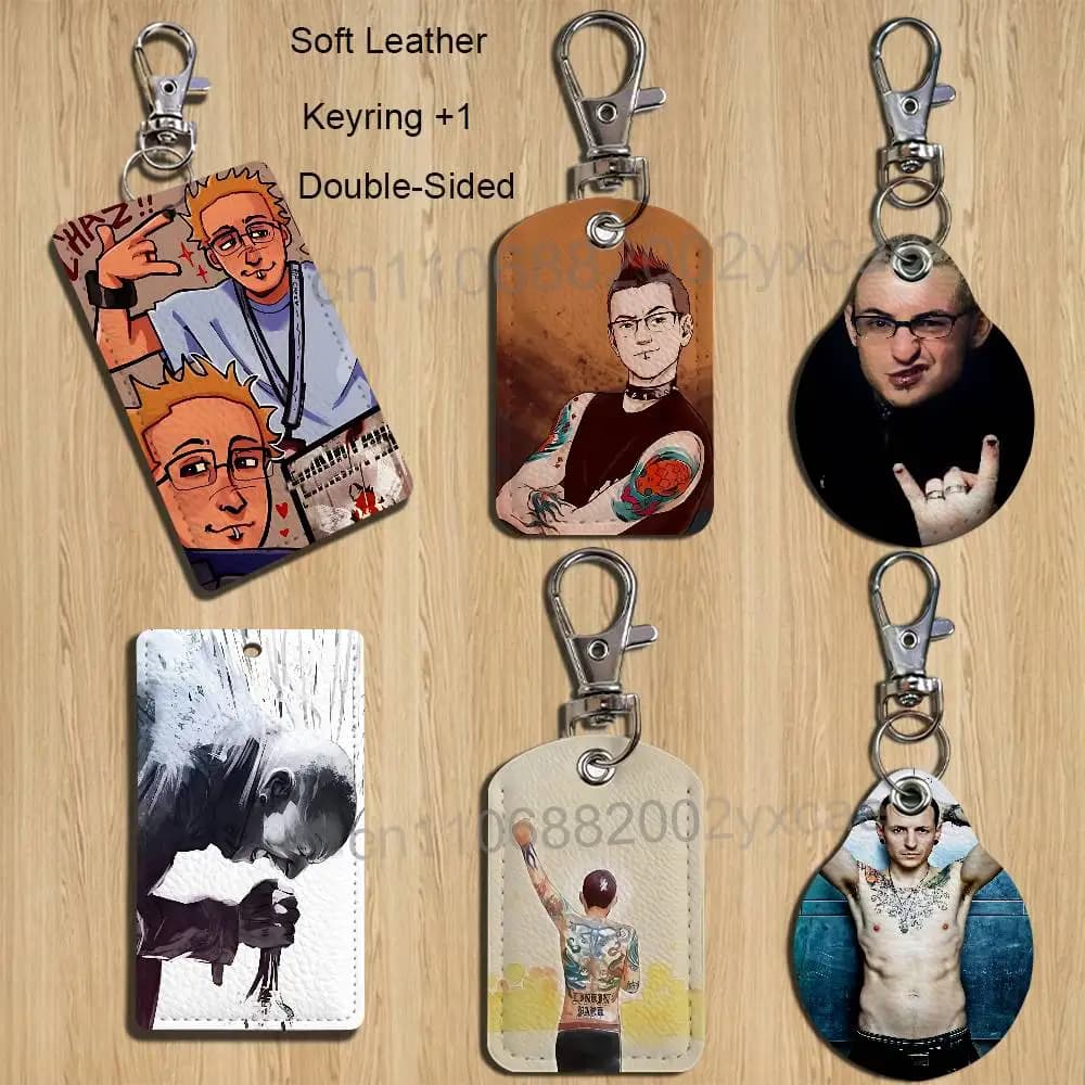 Portachiavi in pelle con design fan art di Chester Bennington e cordino - Porta badge/ID e porta tessere di accesso, accessorio regalo