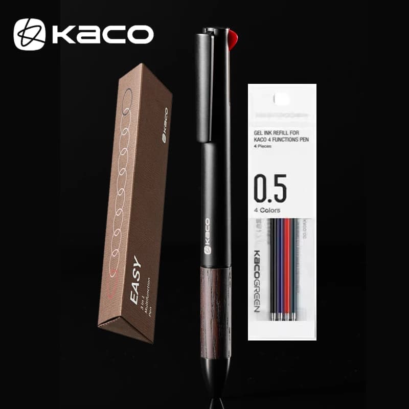 KACO NUOVA penna a sfera multifunzione in legno 3in1 Easy, penna metallica nera e rossa e meccanica per esame, compiti a casa, uso in ufficio, scrittura fluida