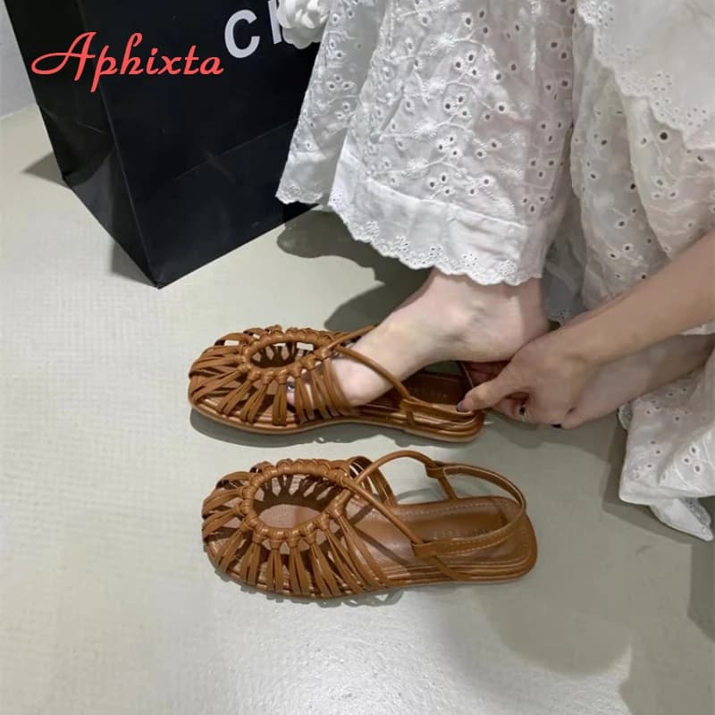 Aphixta Nuovo Piatto Con Sandali Da Donna Tessuto Banda Stretta Fuori Hollow Scarpe Estive per Le Donne 2025 Scarpe di Tendenza Sandali De Mujer