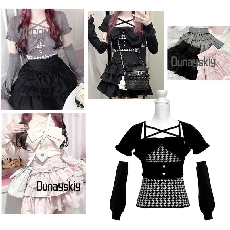 Miele giapponese Jirai Kei Mew Y2k Rosa Nero Grigio Incrociato Arco Top Gonna corta Kawaii Festa quotidiana Borthday Regali Carnevale Cos