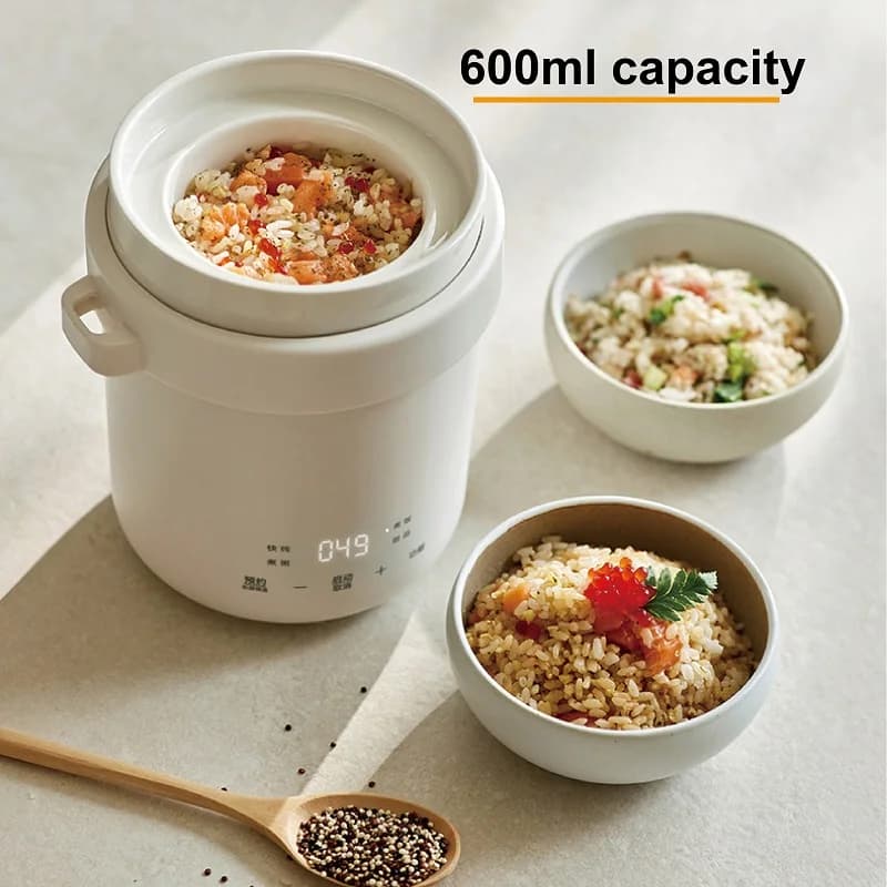 Mini Pentola Elettrica per Riso in Ceramica Antiaderente, Contenitore Portatile per Pranzo, Pentola Multifunzione da 600ml per Zuppe e Stufati