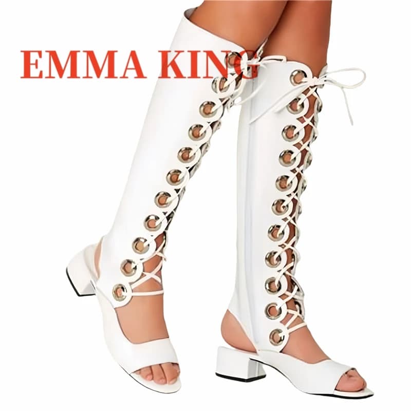 Women's White Eye Sandals Sandals with Big Heel 5 cm Boots High Knee Boots Crossed Sandals with Open Tip Women's Wedding Shoes