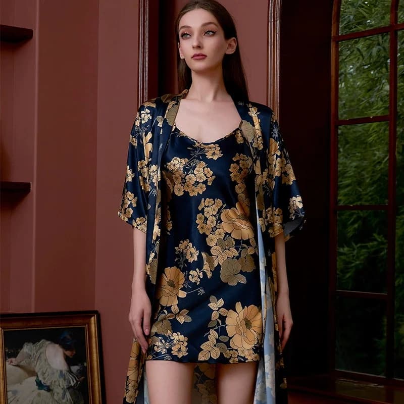 Camicia da notte lunga femminile Camicia da notte 2 pezzi Set Elegante stampa nera Accappatoio in raso Camicia da notte Abbigliamento per la casa Pigiama da notte primavera estate