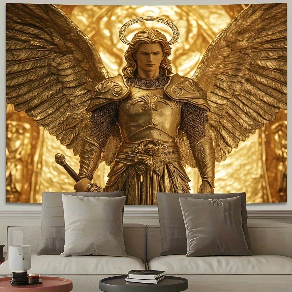 Majestic Golden Angel Statue Tapestry-Ideal for Living Room and Home Decor, Spiritual Wall Art | Luxury Decoration