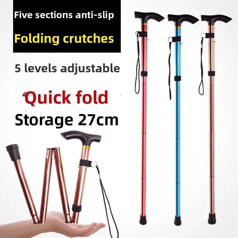 5 Section Foldable Trekking Pole Adjustable Telescopic Walking Cane Portable Hiking Stick Outdoor Climbing Elderly Walking Aid
