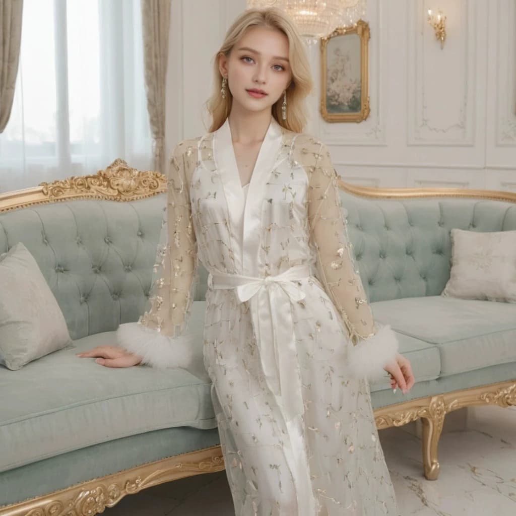 Abito da sposa in pizzo bianco a rete Abito da sposa da donna Accappatoio da sposa Kimono di lusso da notte2025 Primavera Nuovo Pigiama 2 pezzi Lingerie