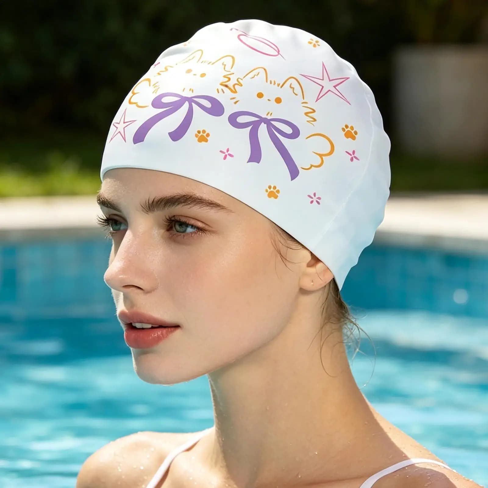 Printed Swimming Cap Women Waterproof Swim Cap Large Size Long Hair Ear Protection Swimming Caps Swimming Accessories