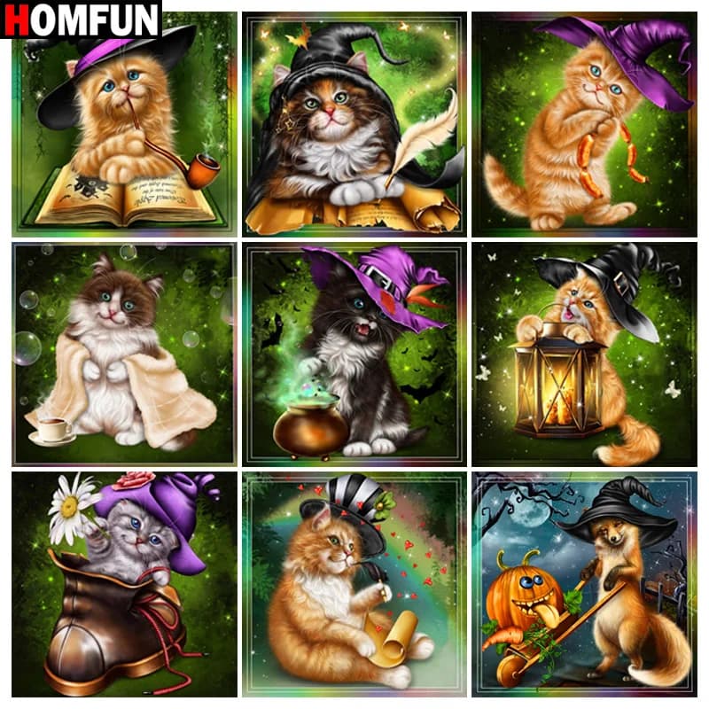 HOMFUN Pittura diamante 5d fai da te "Gatto zucca Libro" Punto croce Quadrato Diamante rotondo Ricamo Lavoro manuale Strass Art