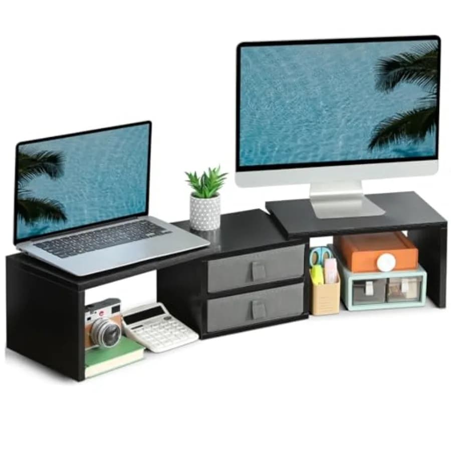Supporto per Doppio Monitor con 2 Cassetti, Lunghezza e Angolazione Regolabili, Organizzatore da Scrivania in Legno a 3 Ripiani per 2 Monitor, Laptop e PC