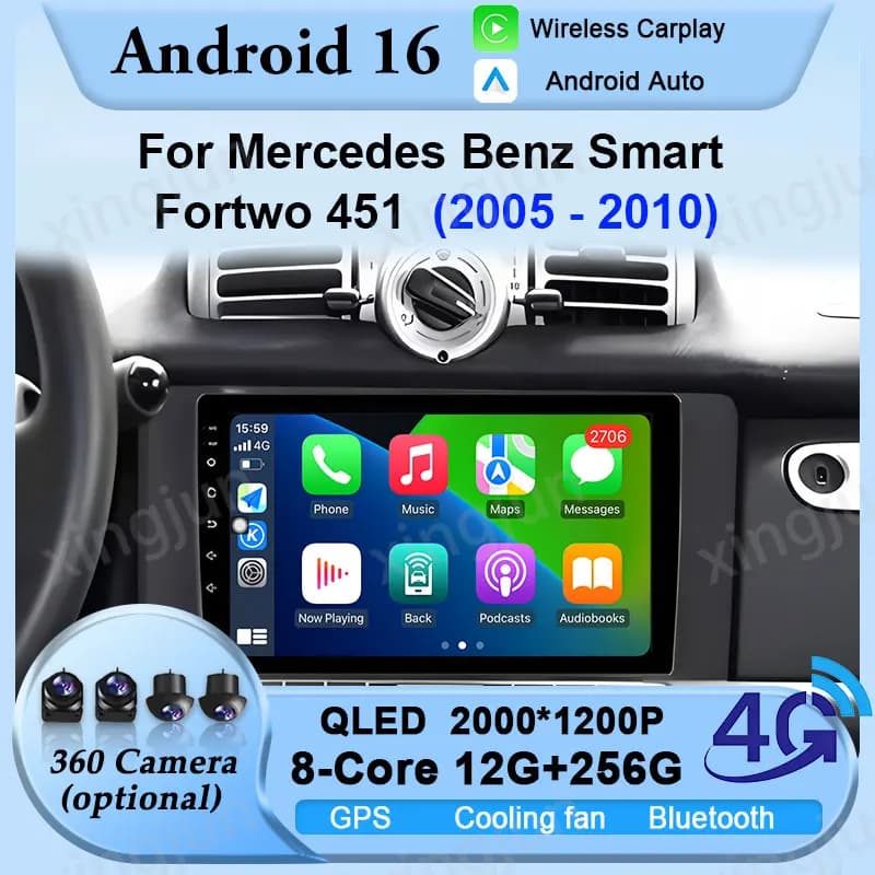 Per Mercedes Benz Smart Fortwo 451 2005-2015 Android 16 Auto HD Schermo Radio Wireless Carplay Multimedia GPS 2din Autoradio Auto