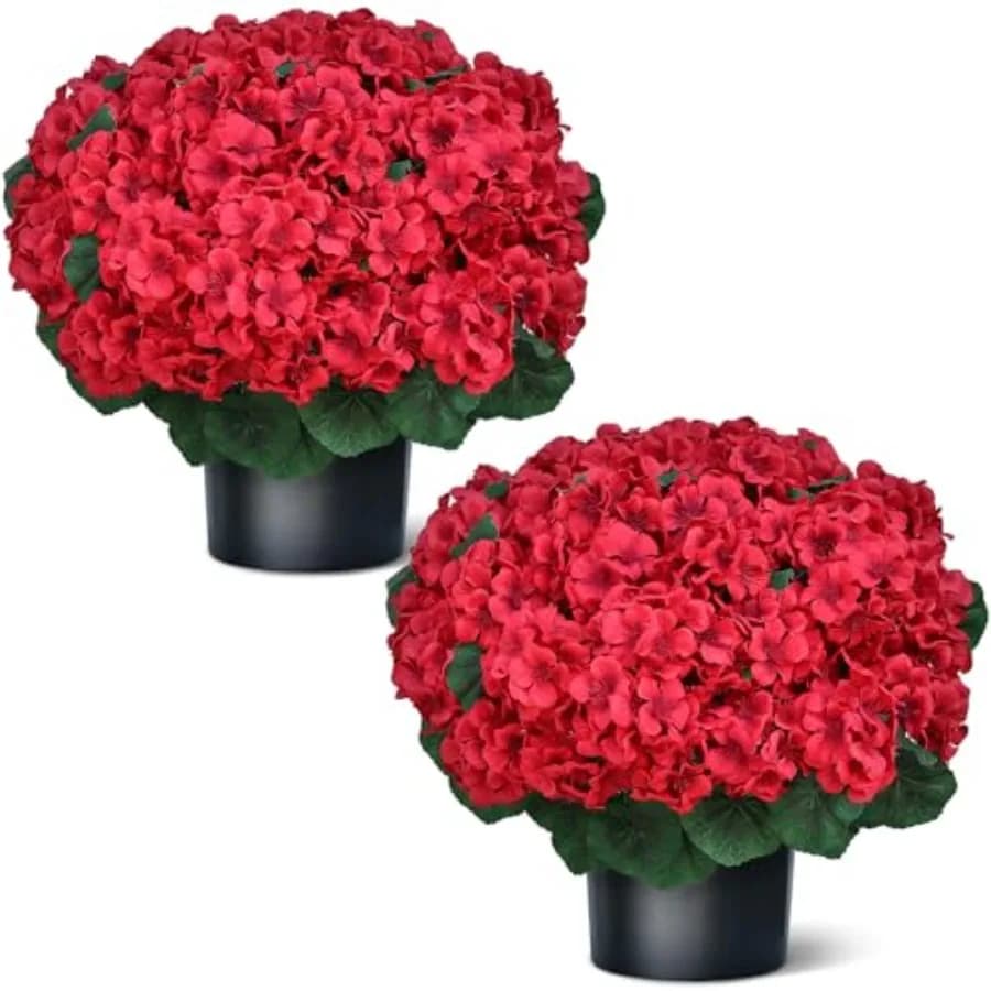 Gerani Artificiali Topiari da 18 Pollici - Set da 2 per Decorazione Portico Anteriore, Cespugli di Fiori Finti in Seta Resistenti ai Raggi UV, Piante in Vaso per Esterni