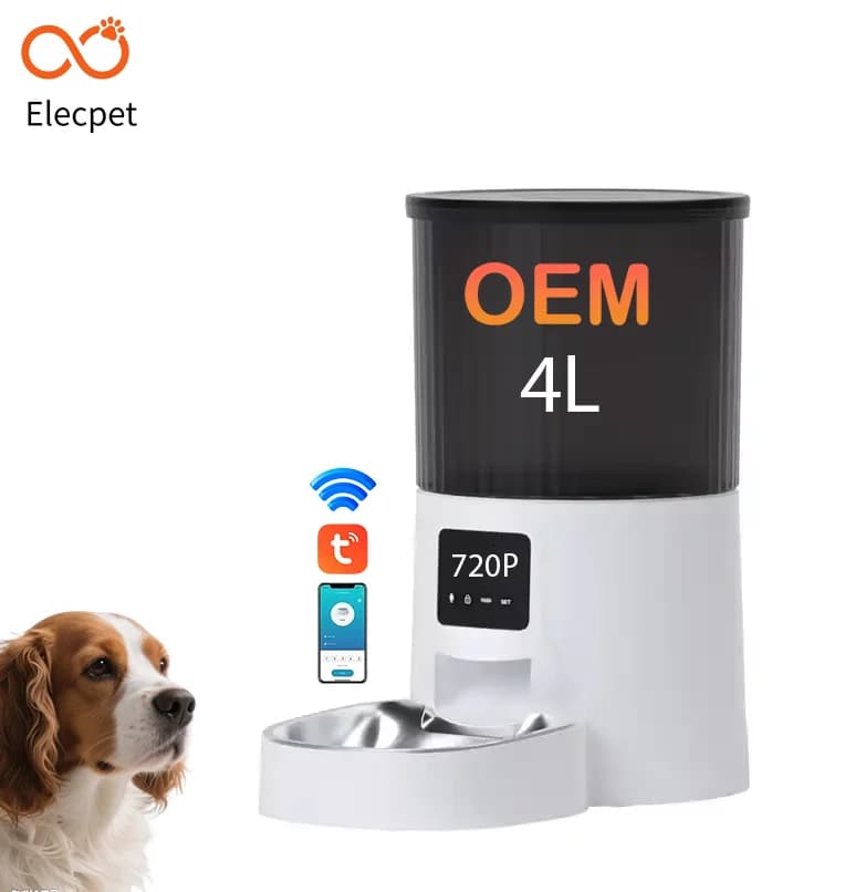 Distributore Automatico di Cibo per Gatti e Animali Domestici con Timer, Dispenser Intelligente per Cani con Ciotola Rialzata, Telecamera e Comando Vocale, Accessori per Piccoli Animali