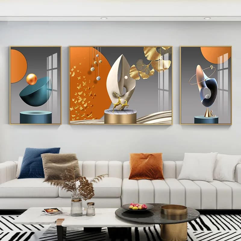 3 pieces of luxury large golden tree deer canvas painting art wall abstract landscape poster and prints for decoration of the living room without frame
