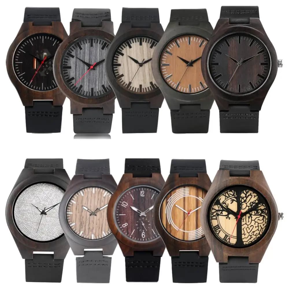 Retro Fashion Ebony Wood Watch Case Quartz Wristwatch Black Genuine Leather Watch Band Casual Style Wooden Men's Watches Gift