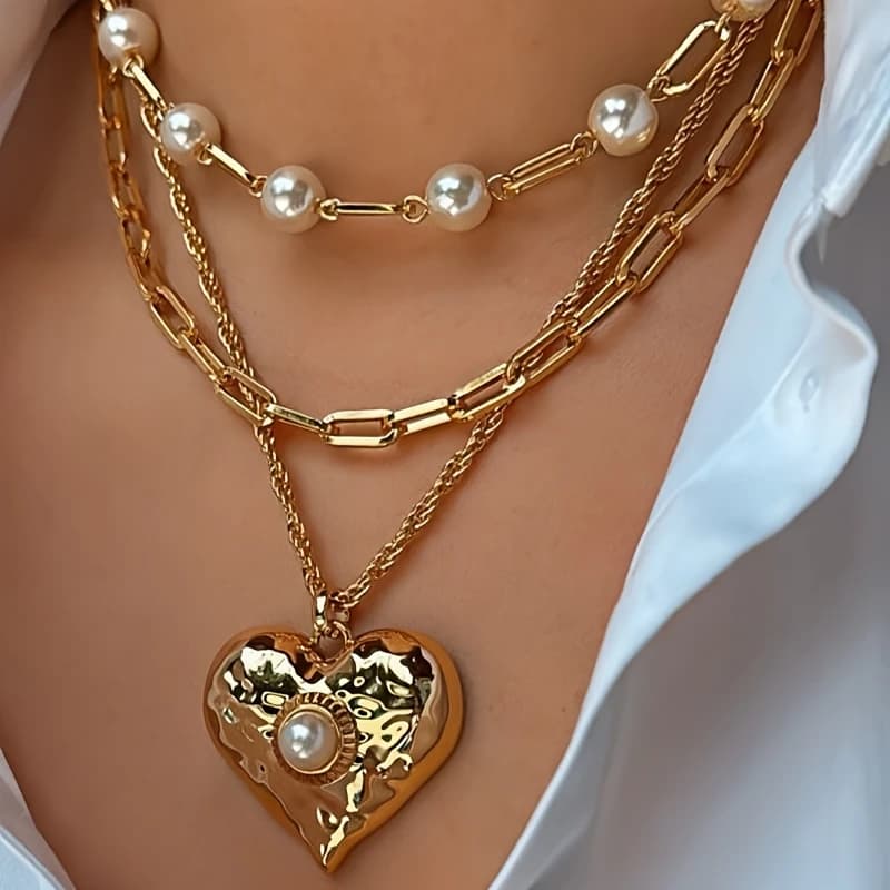 3pcs Fashion Necklaces Elegant Women'S Love Pendant Imitation Pearl Beaded Multi-Layer Chain Party Banquet Jewelry