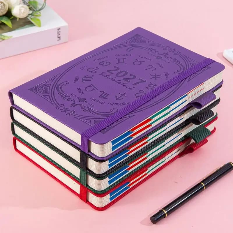 2027 Zodiac Pattern Embossed Planner Notebook With Elastic Strap Pen Loop For Daily Schedule Office Study