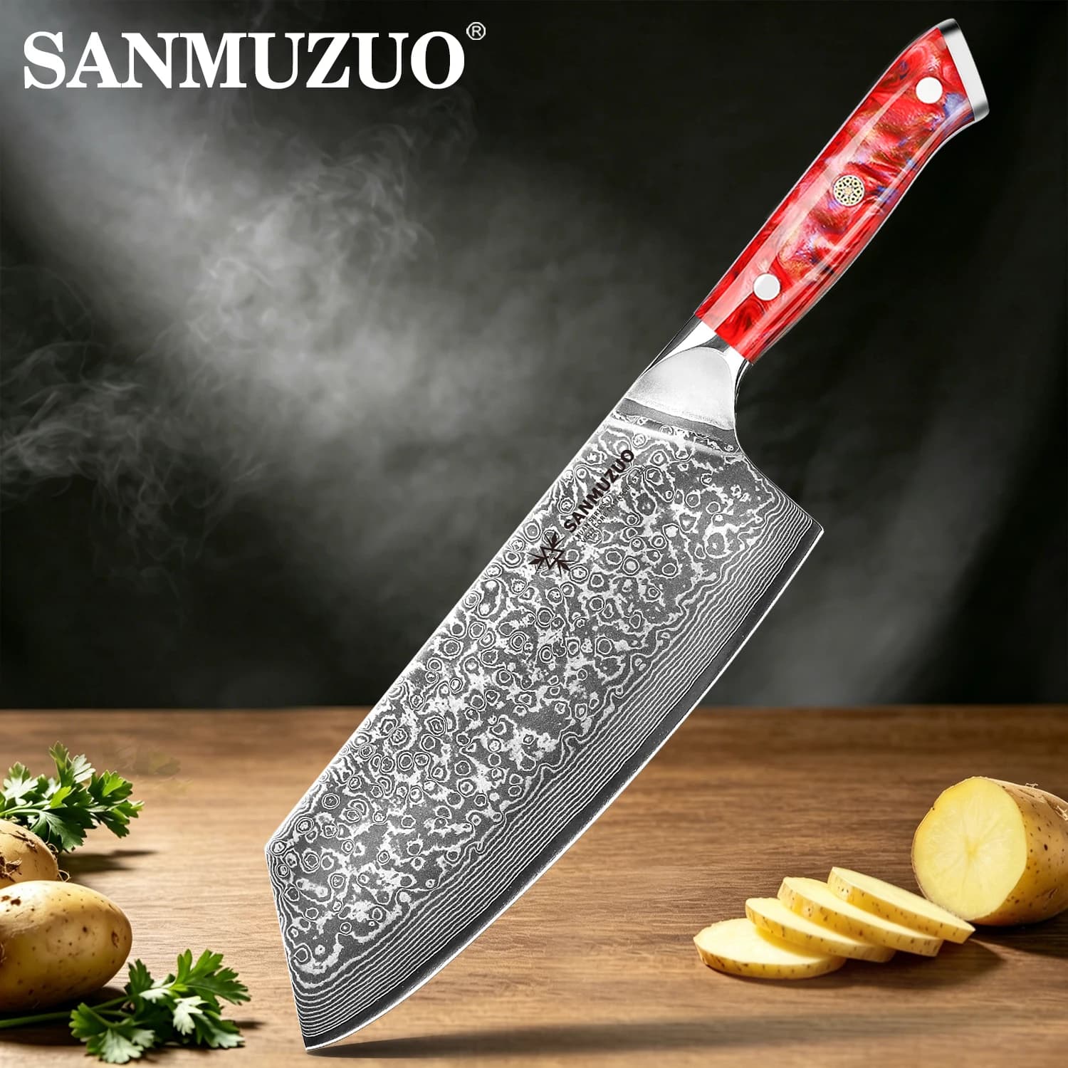 Knife SANMUZUO Nakiri - 7.5 inch mannaia knife - Xuan series - Damascus steel professional kitchen knife - Resin handle (Black)