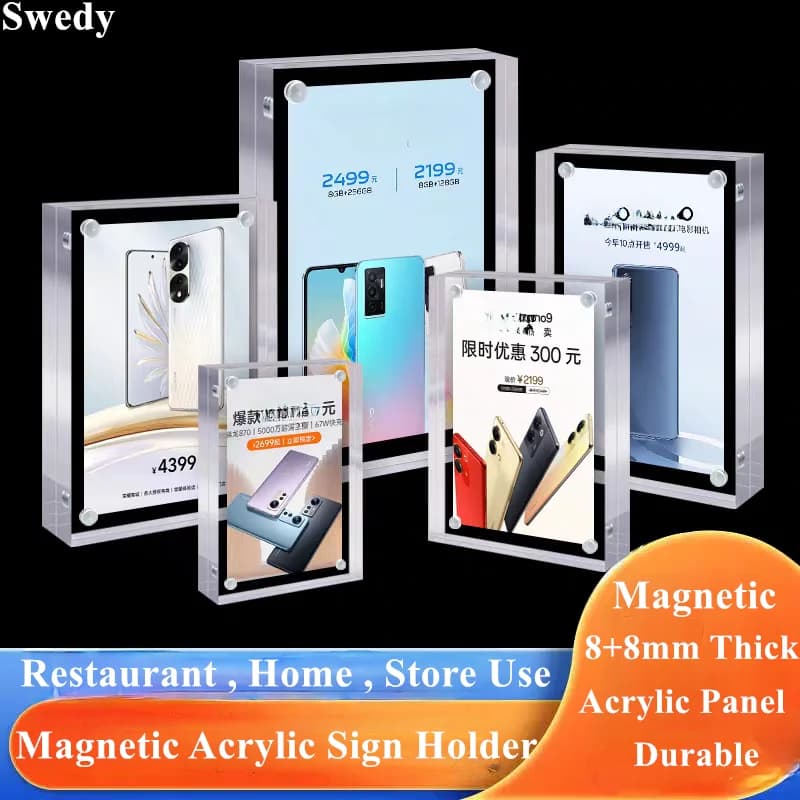 5x2 cm/7x4 cm/9x5 cm Cornici per foto in acrilico 8 + 8 mm di spessore Blocco Porta etichette per prezzi Supporto magnetico per cartello in acrilico Espositore