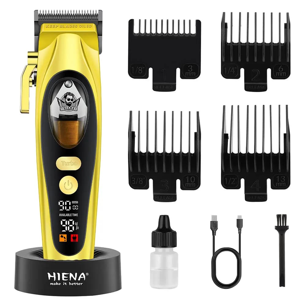 Tagliacapelli professionale HIENA con display LED, trimmer elettrico Turbo con 4 pettini guida e base di ricarica USB