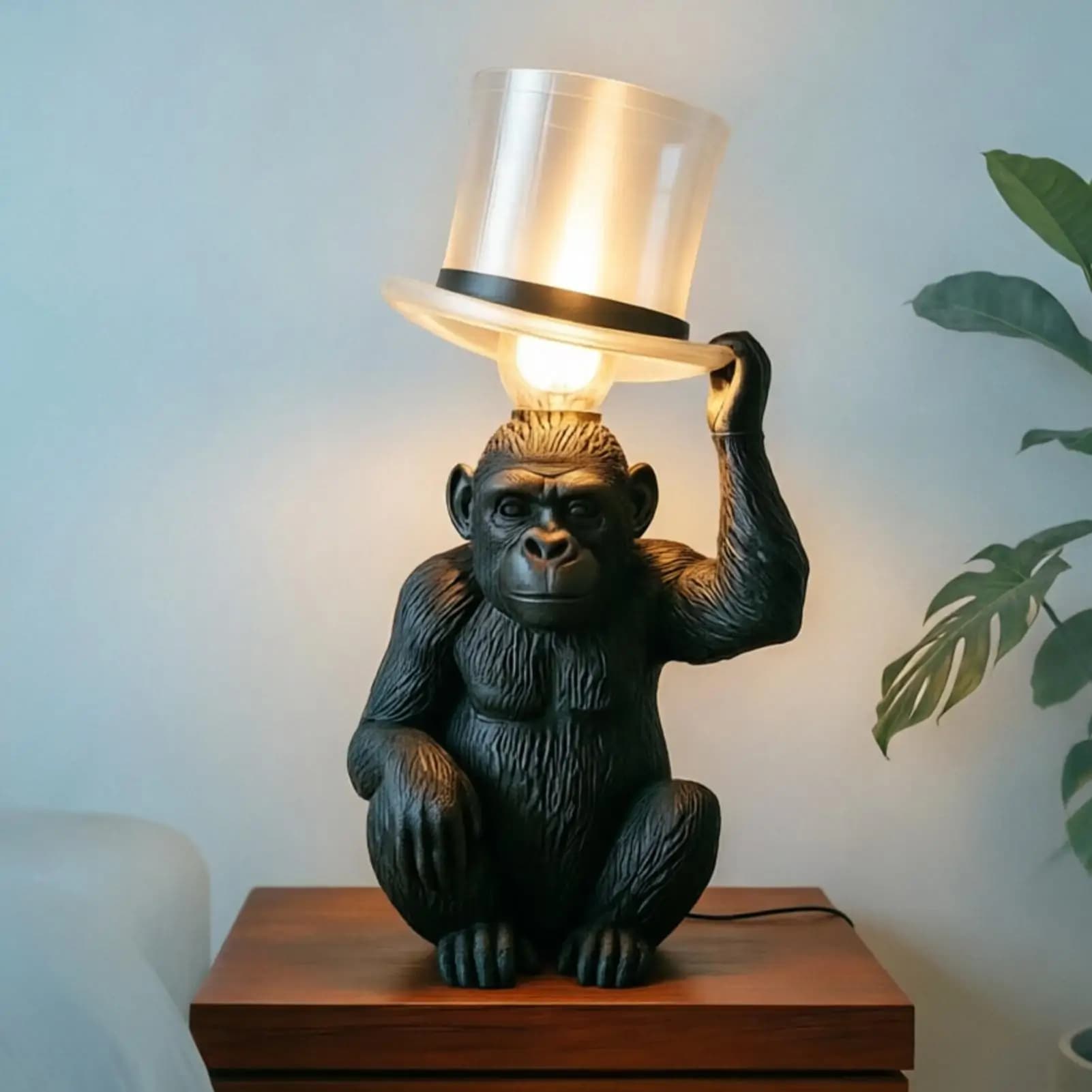Monkey Lamp Top Hat Monkey Resin Statue Funny Table Lamp Figurine for Home Office Bar Bedside Living Room Bedroom Coffee Table
