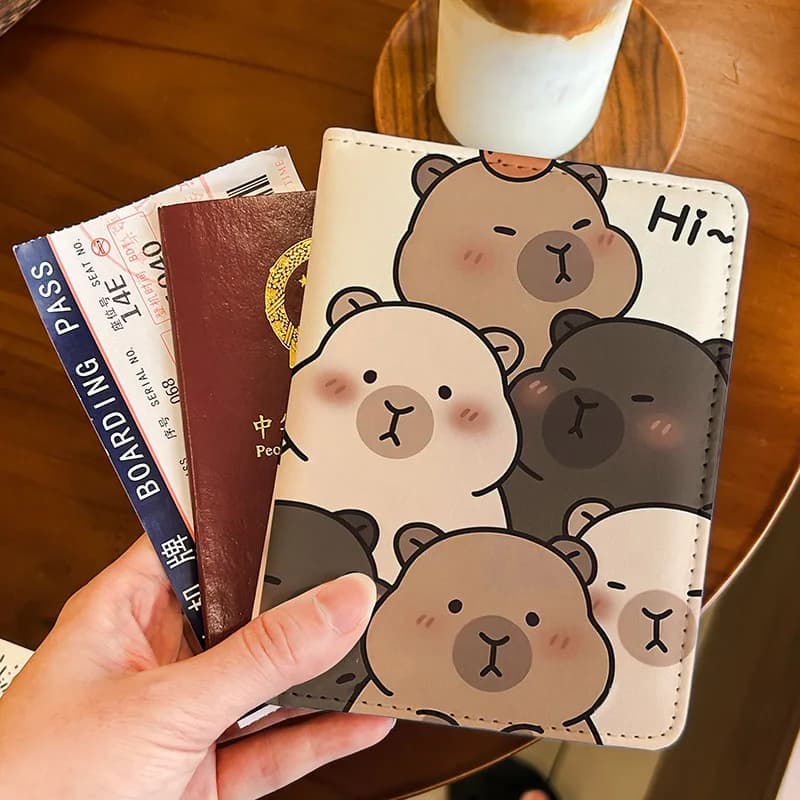 Cartoon Kapibara Passport Holder Multi-functional Card Holder ID Case Portable Travel Storage Case PU Leather Passport Cover