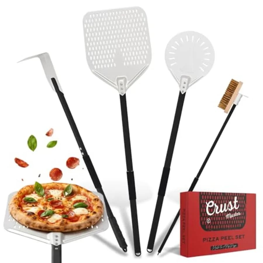 Pizza Peel Set - 12x14" Rectangular Peel 9" Round Turning Peel Brass Brush Ash Rake - Perfect Pizza Oven Accessories for Ovens