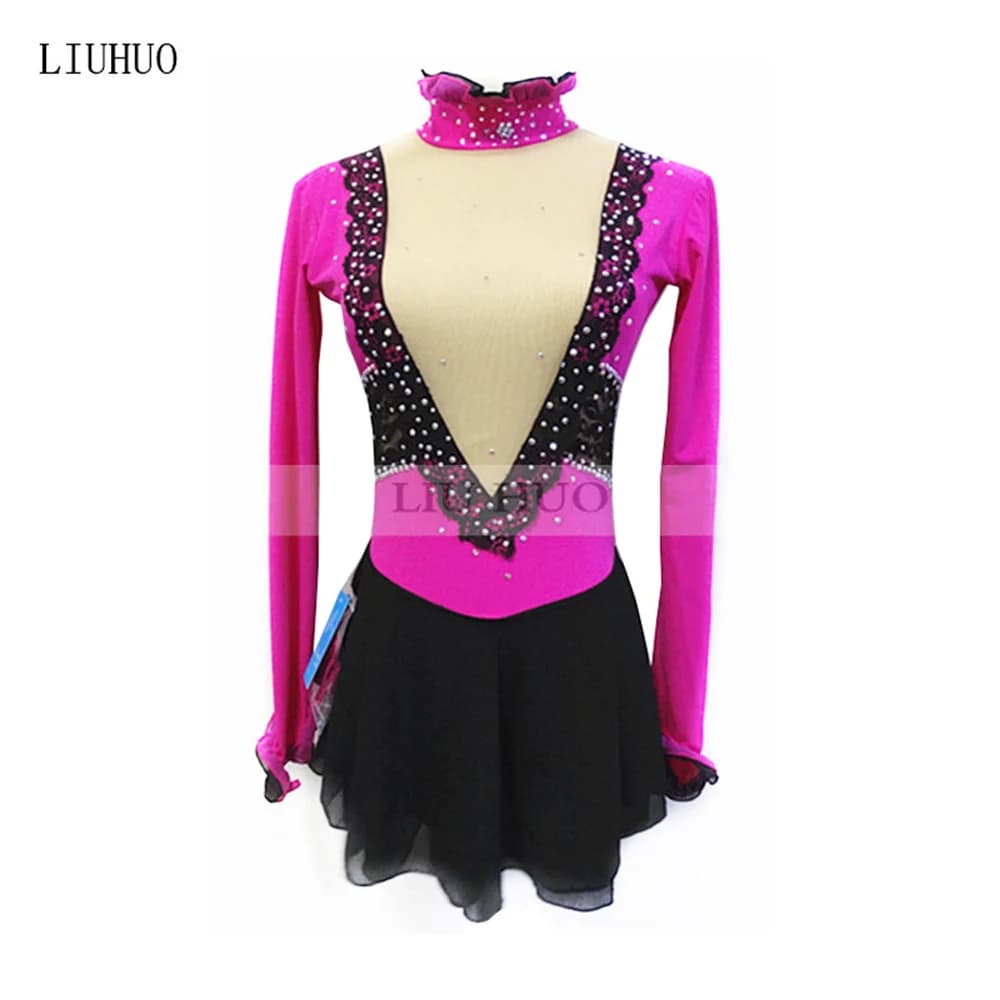 LIUHUO Donna Ragazza Prestazioni Aldult Ginnastica Concorso Body Pattinaggio di Figura sul Ghiaccio Vestito Costume da Ballo Manica Lunga Nero Bambino