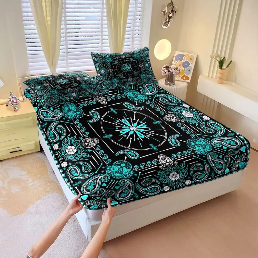 Turquoise Paisley Skull Print Fitted Sheet Set Bed Sheet Set Bedding Set No Fillers Retro Street Adult Bedroom Cover