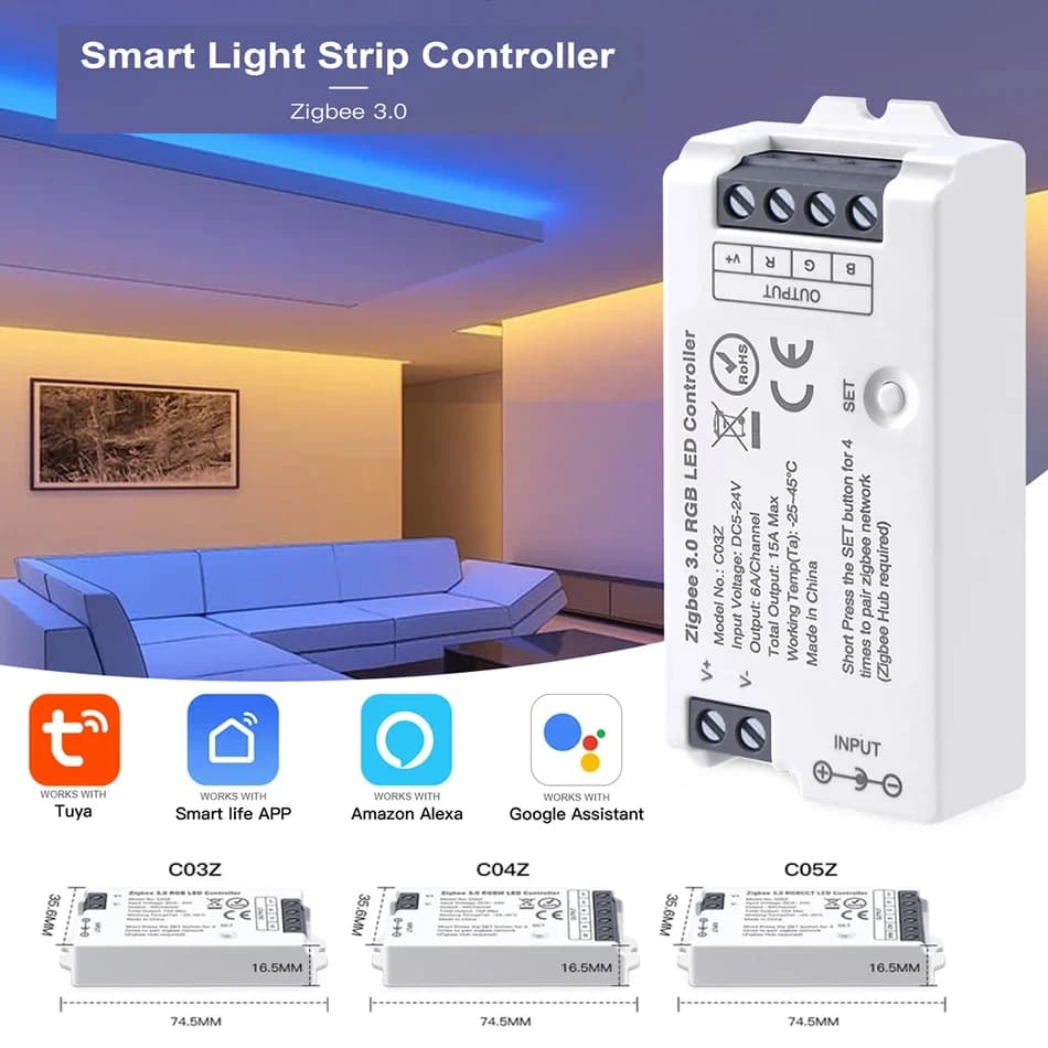 Controller LED RGB Zigbee 3.0 per Casa Intelligente, Interruttore WiFi per Strisce LED 5050/2835 Neon COB, Dimmer per Strisce LED RGBCCT