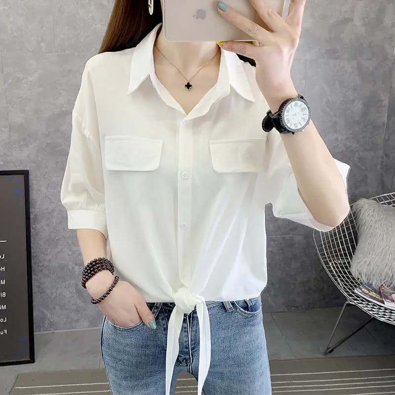Estate Nuovo Pendolarismo Magliette e camicette Allentato Casual Camicetta da Donna Moda Risvolto Tasche Impiombate Bottone Fasciatura di Grandi Dimensioni Camicia di Chiffon 2025