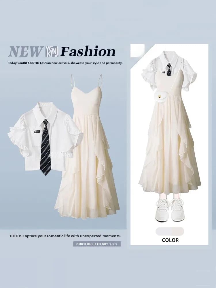 Set di camicetta con maniche a palloncino in stile coreano e gonna con scollo all'americana, camicia estiva da donna con colletto rovesciato, set in due pezzi in stile vacanza