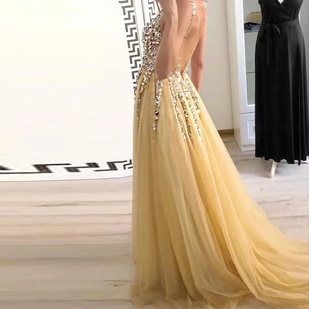 Abito da donna sexy con scollo a V davanti e dietro con paillettes a coda di rondine per oggetti di scena fotografici, abbigliamento estivo da spiaggia con spacco sul davanti e sul retro