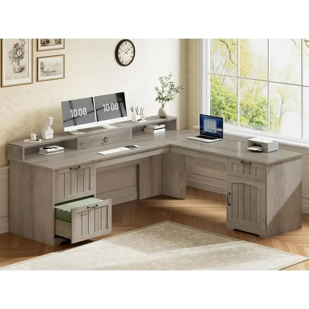 Scrivania da ufficio a forma di L in legno con cassetti, contenitori e supporto per monitor, grigia